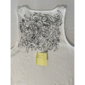 Y2K Marithe Francois Girbaud 38 Distressed Ribbed White Tank Top Dragon Graphic